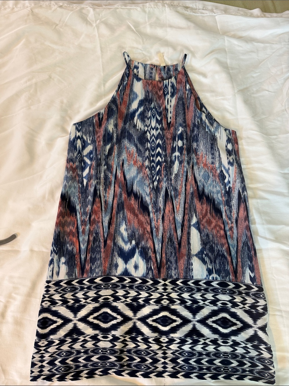 Tyche Aztec-Print High-Neck dress in Navy, Rust & Cream